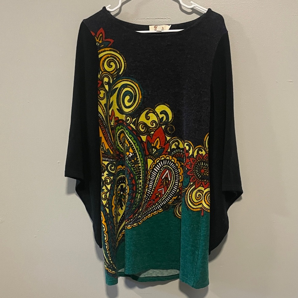 Aryeh Black Multicolor Paisley Dolman Tunic Top Size L